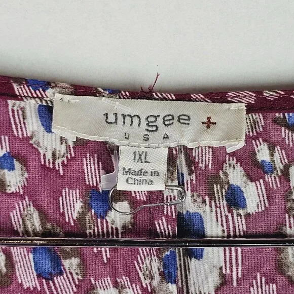 Umgee Plus Wine Mix Animal Print Silky Baby Doll w/ Pockets Long Sleeve Dress 1X - Picture 6 of 8